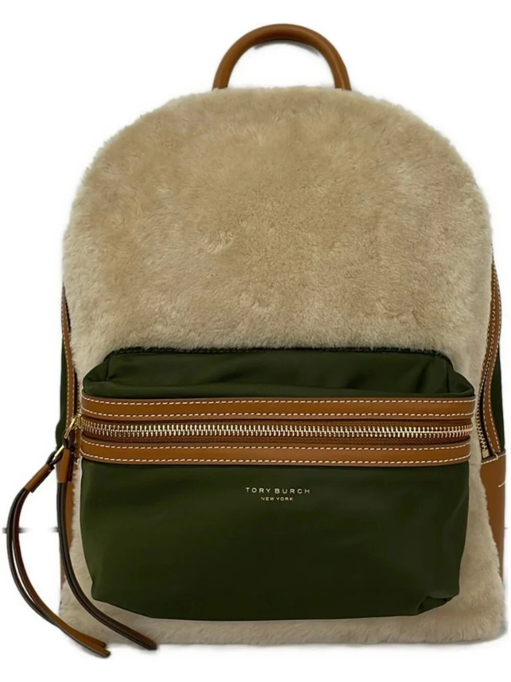 TORY BURCH Cream Brown Khaki Mouton Leather Nylon Backpack